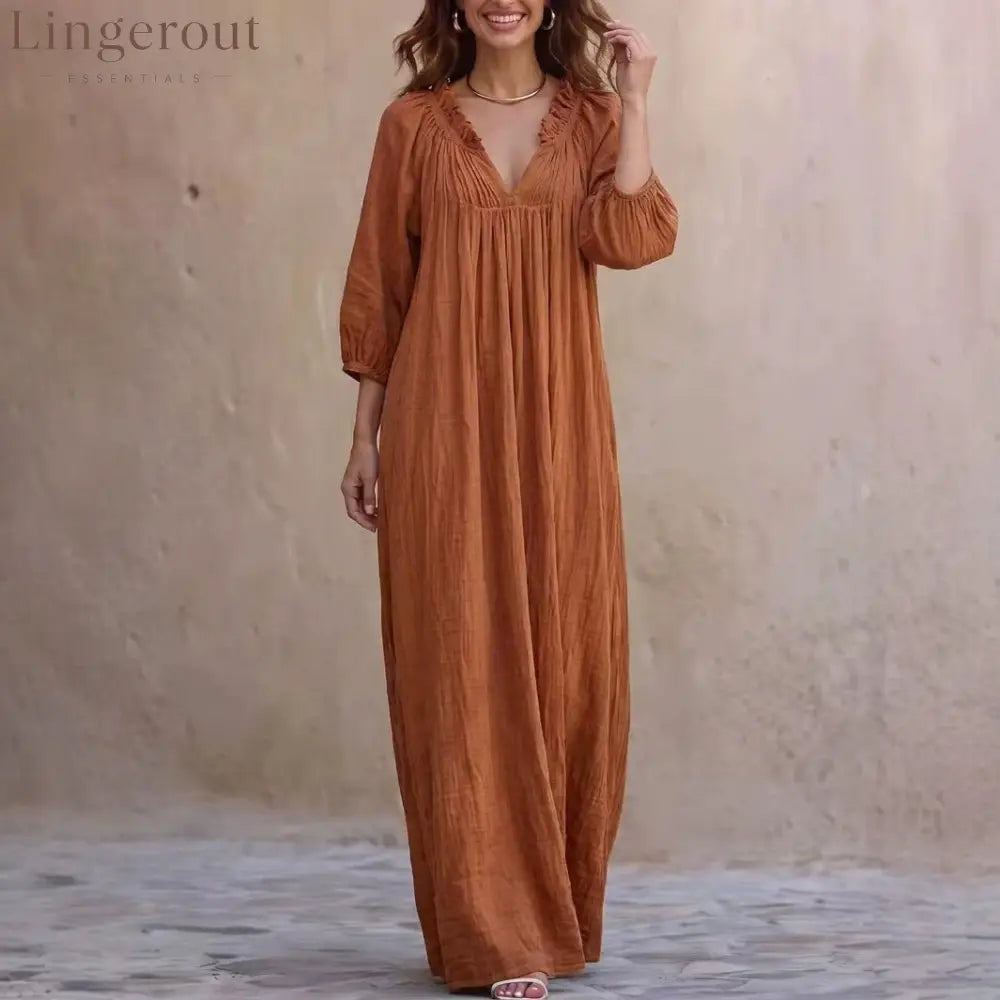 V‑Neck Ruffle Boho Maxi Dress Lantern 3/4 Sleeve Loose Casual Beach Cover‑up Caftan - Dark Brown / XS