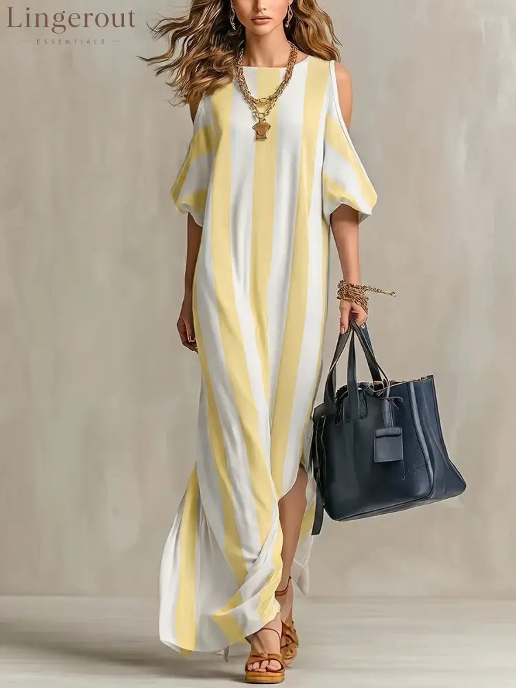 Vertical Stripe Cold Shoulder Split Maxi Shift Dress - Yellow / S