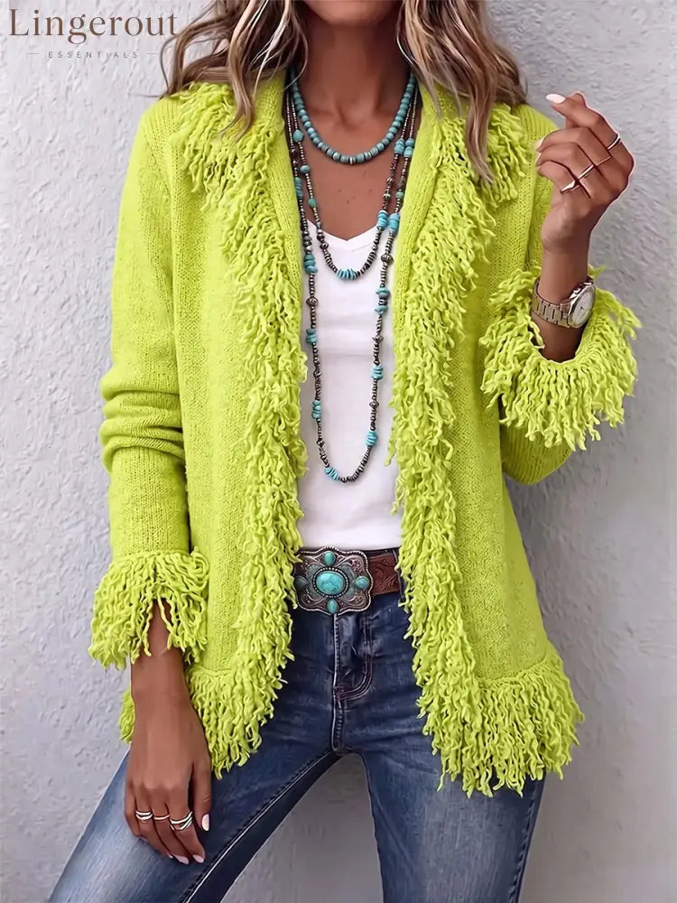 Vibrant Chartreuse Boho Fringe Cardigan - Green / S