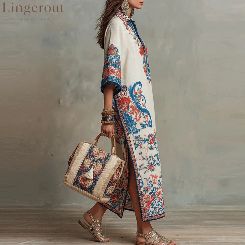 Vintage Blue Red Floral Print Linen Collar Half Placket Kaftan Midi Shirt Dress