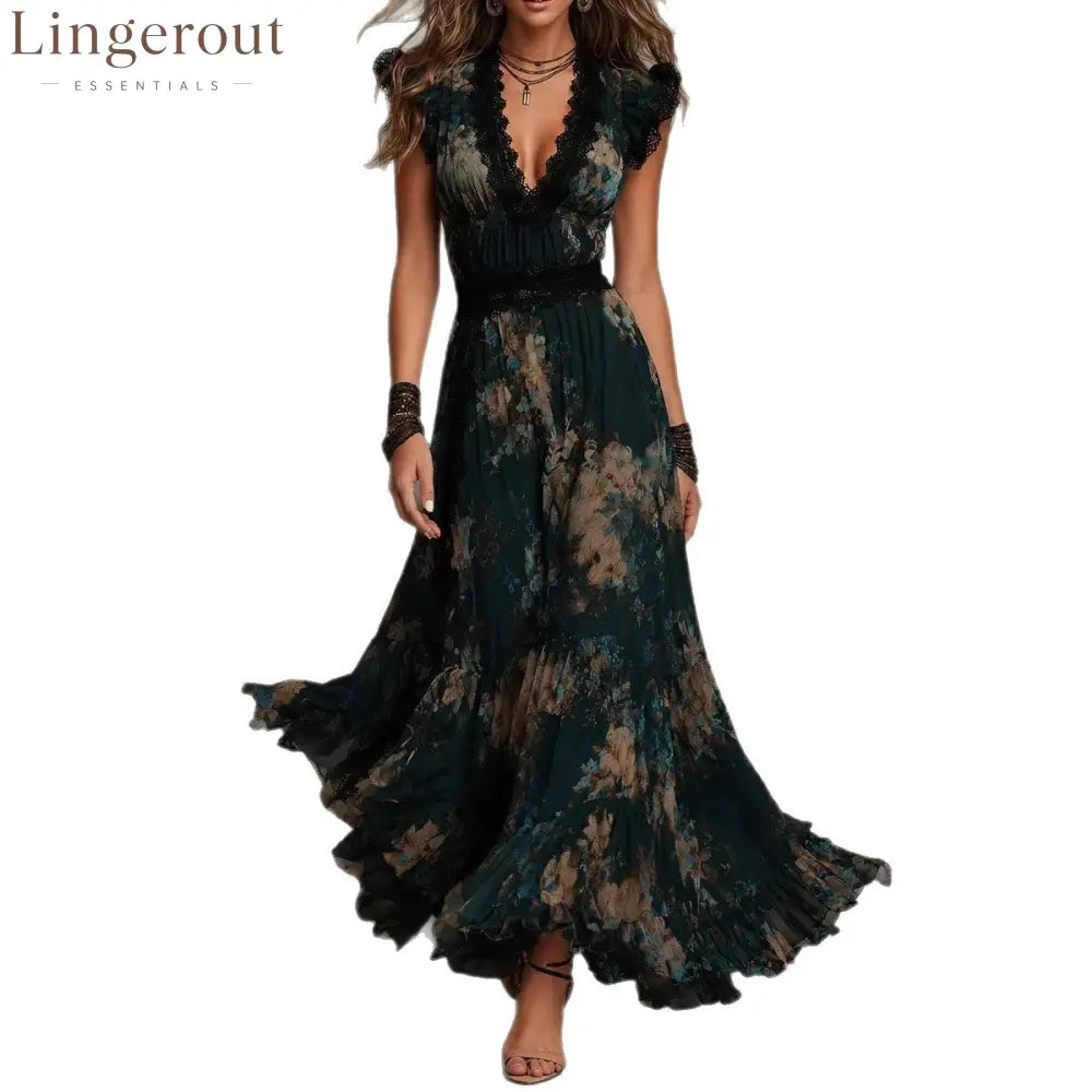 Vintage Boho Floral Maxi Dress V‑Neck Lace Flutter Sleeve Waist Ruffle Hem Long Dress
