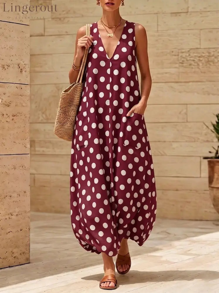Vintage Polka Dot Sleeveless V-Neck Midi Dress with Side Pockets - Red / S