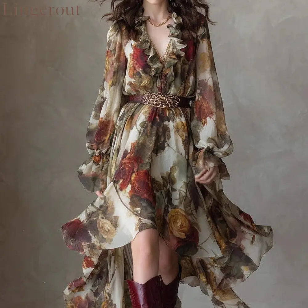 Vintage Rose Print Chiffon Maxi Dress Women Ruffle V‑Neck Long Sleeve Irregular Hem Dress