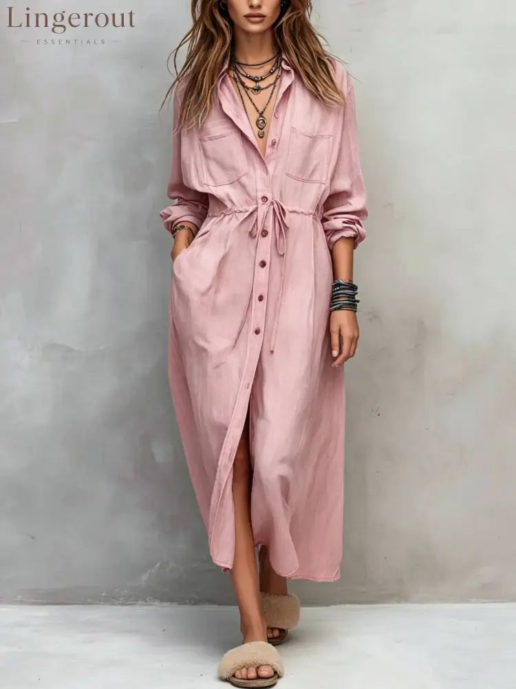 Vintage-style Long Sleeves Denim Shirt Midi Dress - Pink / XS