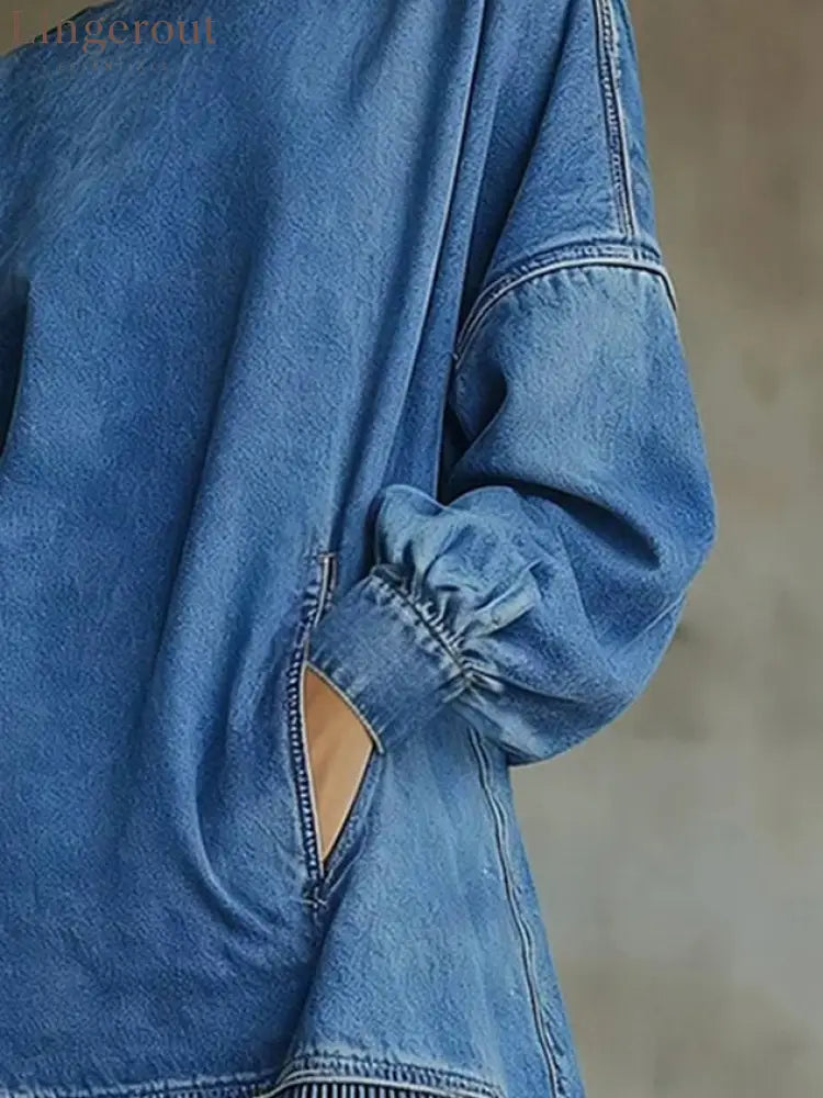 Women Casual Denim Blue Mini Dress Turtleneck H-Line Fall Daily