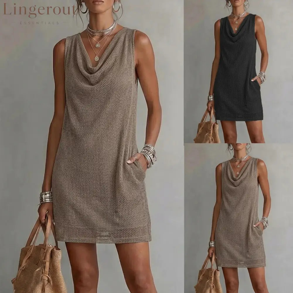 Women Hollow Out Knit Sleeveless Mini Dress
