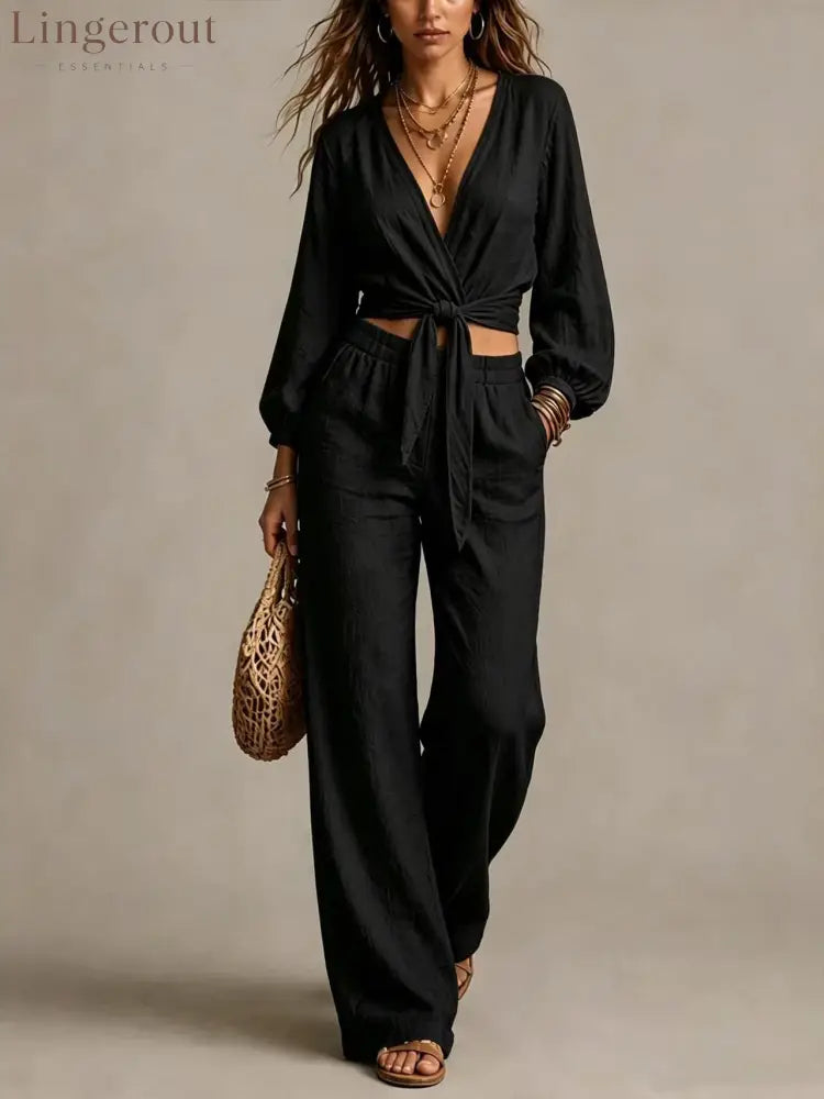 Women Linen Two Piece Outfit Deep V Wrap Tie Crop Blouse High Waist Wide Leg Pants Matching Set Vacation Casual
