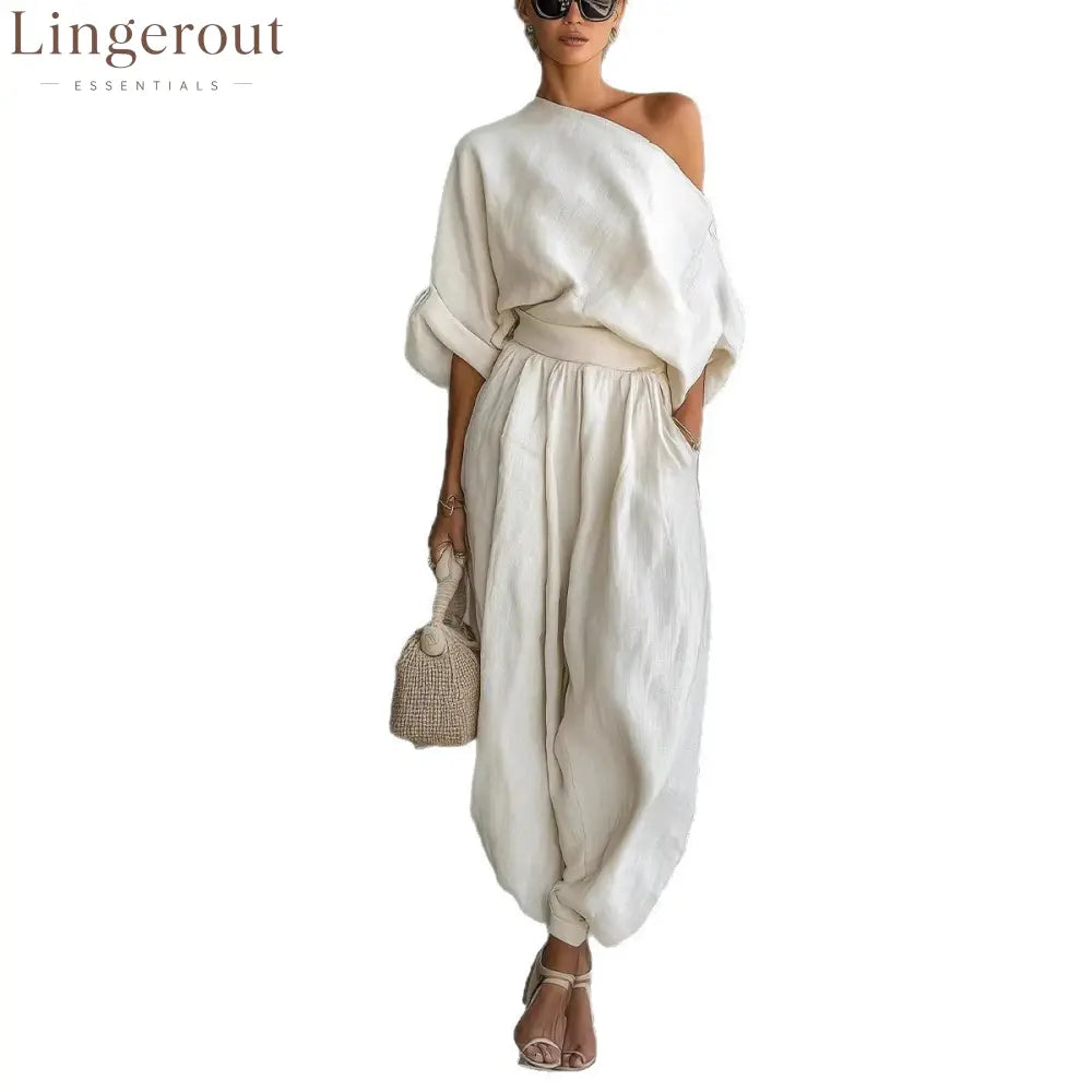 Women One Shoulder Linen Two Piece Outfit Oversized Roll Sleeve Top