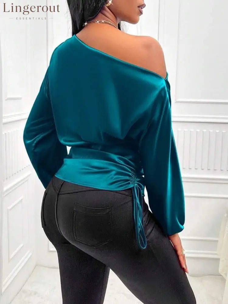 Women’s Asymmetrical Long-Sleeved Satin Blouse with Slanted Collar