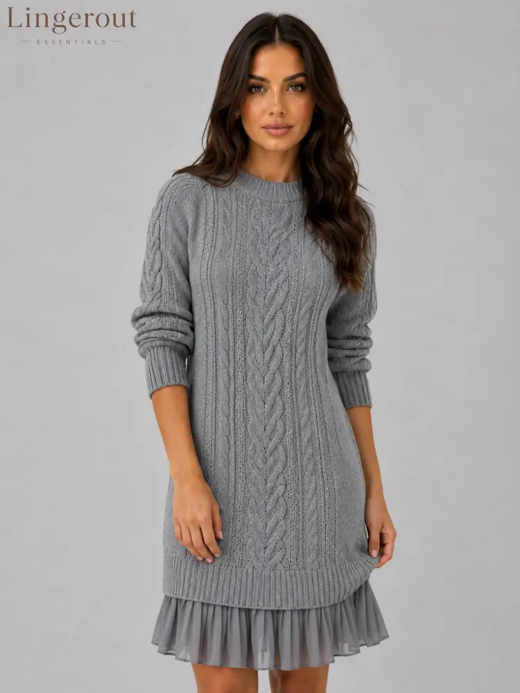 Women’s Cable Knit Sweater Dress – Pleated Hem Mini Style - Grey / S - Mini Dress