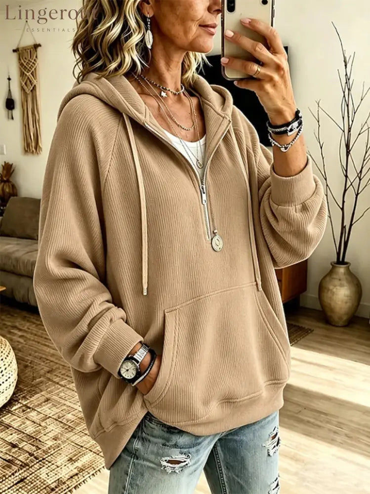 Women’s corduroy hooded sweatshirt - Khaki / S