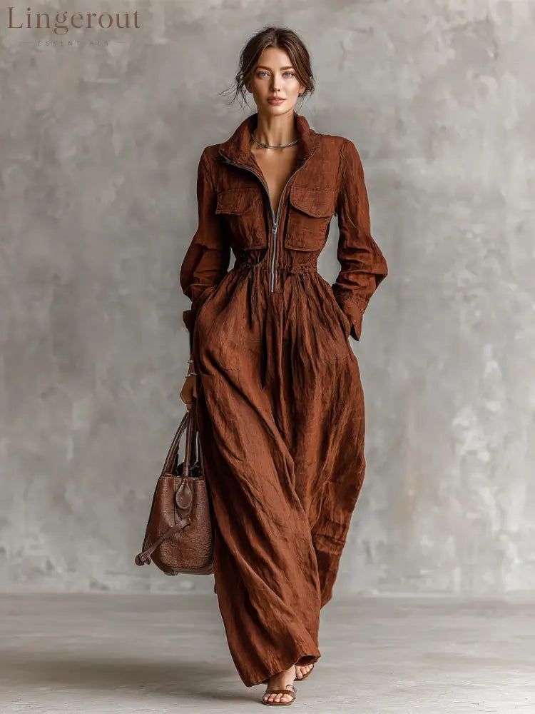 Women's Cotton And Linen Zipper Lapel Elastic Waist Maxi Dress MDA1964H8Y
