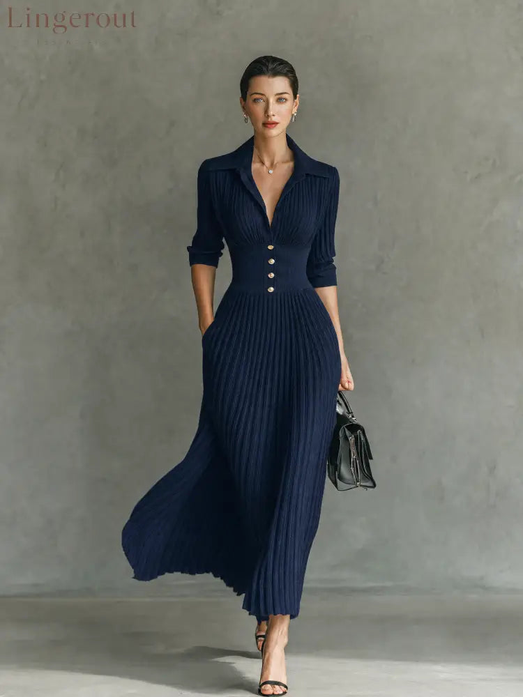 Women’s Elegant Button-Front Collared Pleated Knit Dress - DRESSES
