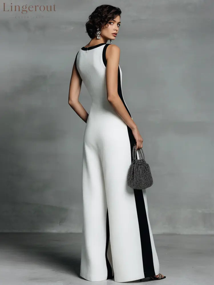 Women’s Fashion Black and White Cotton Linen Color Block Thin Strap Jumpsuit