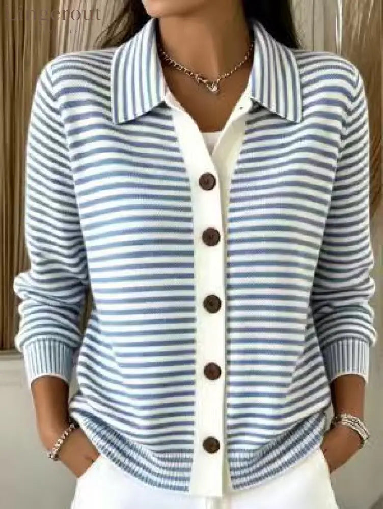 Women’s Green‑White Stripe Collared Button Front Knit Cardigan - Blue / XS