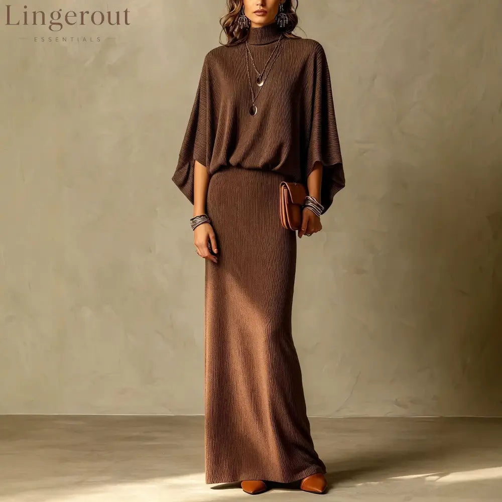 Women’s Grey Ribbed Turtleneck Batwing Top & High Waist Maxi Skirt Two Piece Set - Brown / S