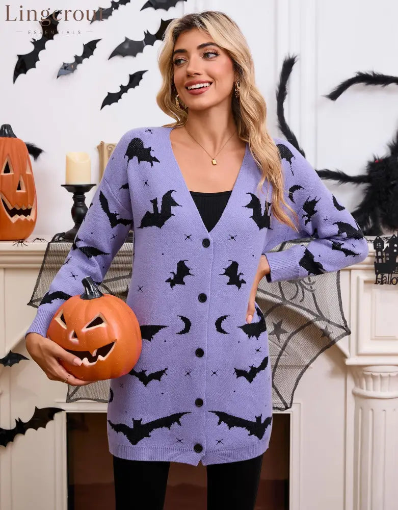 Women’s Halloween Bat Moon Print V Neck Long Sleeve Button Front Knit Cardigan - Purple / S