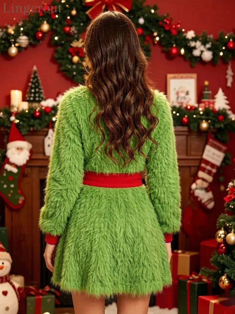 Women’s halloween green plush color-block dress