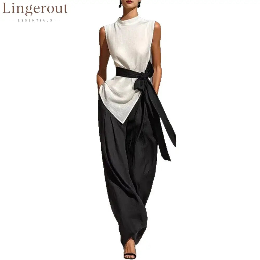 Women’S Lace-Up Sleeveless Contrasting Color Suit Top + Wide Leg Pants Two-Piece Set