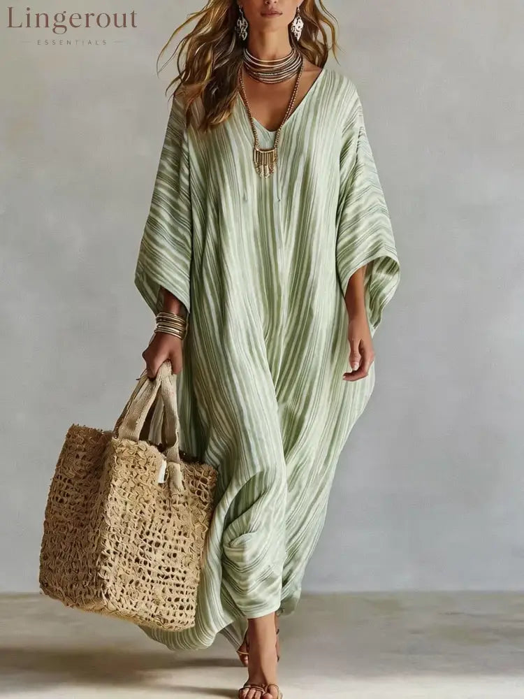 Women’s Light Striped Linen-Blend Kaftan Maxi Dress - Oversized V-Neck Beach Cover-Up - Light green / S