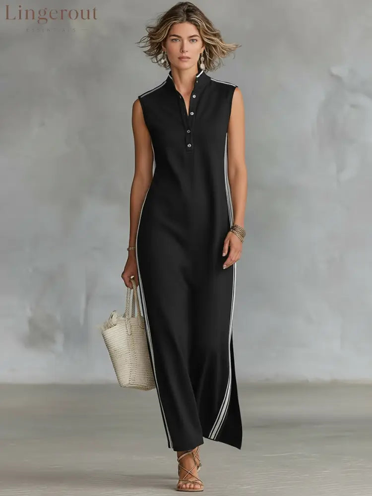 Women’s Minimalist Athletic-Style Sleeveless Henley Maxi Dress - Black / XS
