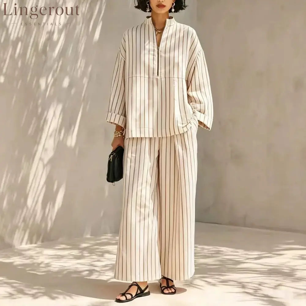 Women’s Minimalist Half-Zip Long-Sleeve Top & Wide-Leg Pants Set - Apricot / S - Set