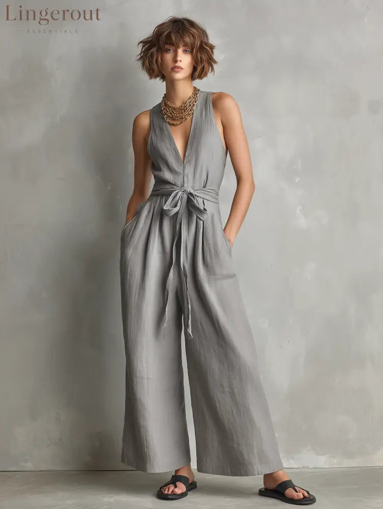 Women’s Minimalist Linen-Blend Zippered V-Neck Sleeveless Belted Jumpsuit