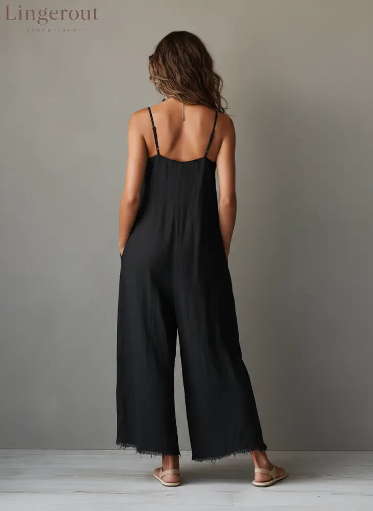 Women’s Minimalist Loose-Fit Linen-Blend Jumpsuit With Lace Neckline Spaghetti Straps And Frayed Hems