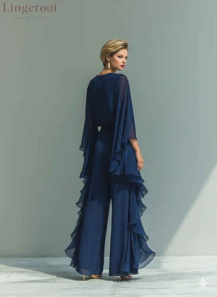 Women’s Navy Blue Chiffon Top With Flared Sleeves And Straight-leg Trousers Set With Ruffled Details