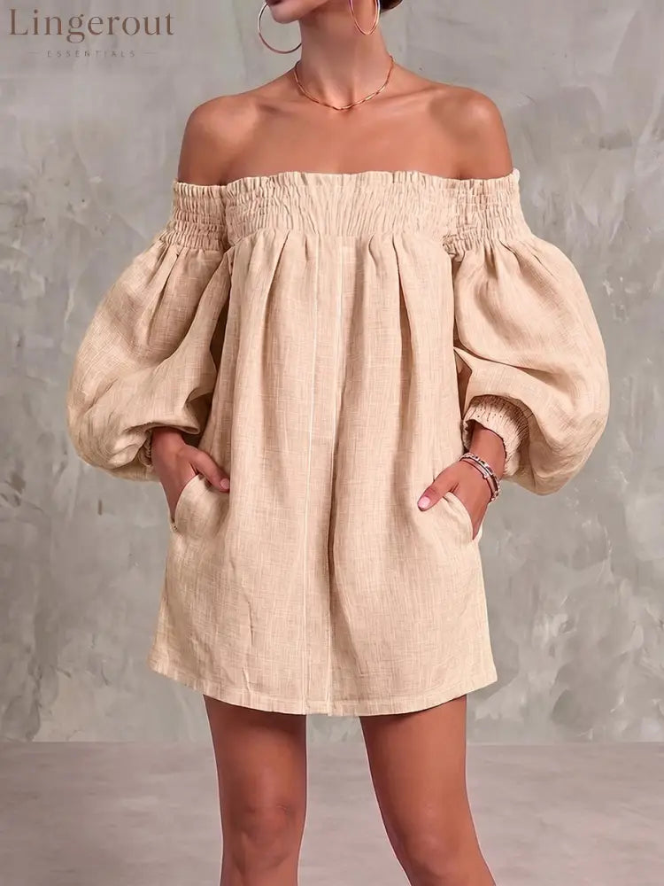 Women’s Off-shoulder Long-sleeved Casual Loose Cotton And Linen Dress - Oatmeal / S