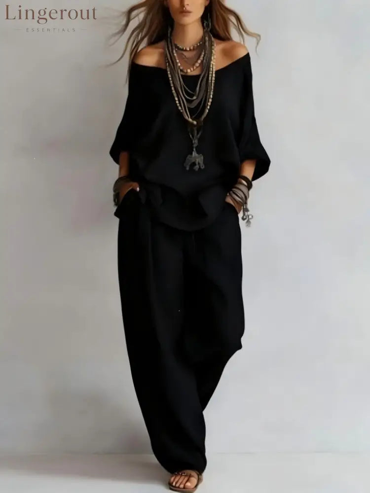 Women’S One-Shoulder Loose Top Wide-Leg Pants Cross-Border Two-Piece Set - Black / S