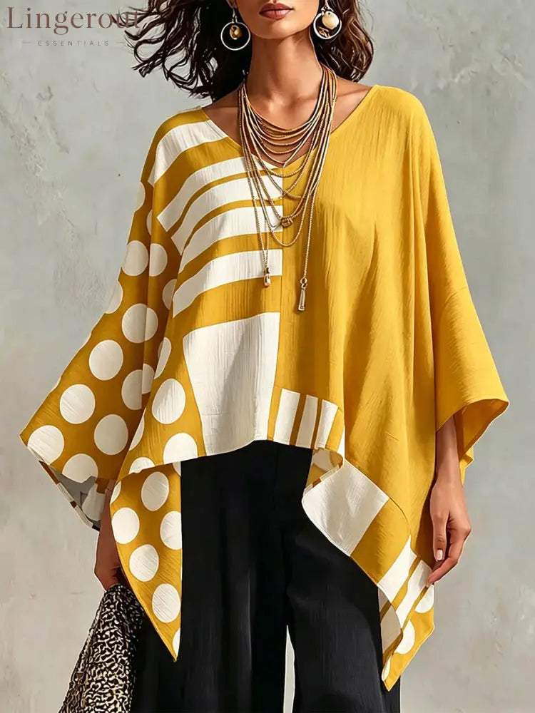 Women’s Polka Dot & Geometric Print V-neck 3/4-sleeve Casual Loose Cotton-linen Top - Yellow / S