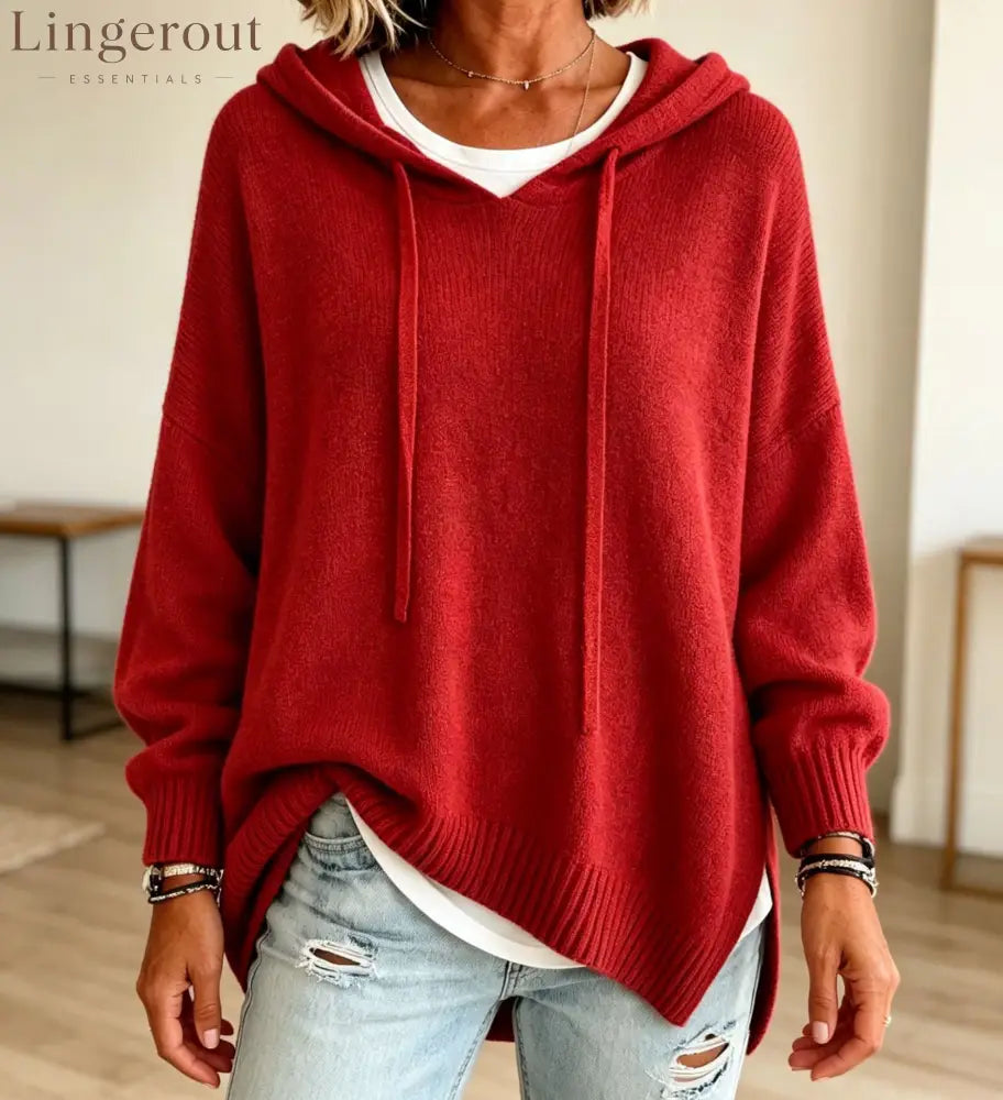 Women’s Pullover Sweater Jumper Vacation Daily Stylish Hooded Knitted 3/4 Length Sleeve Long Tops Knit - Red / S
