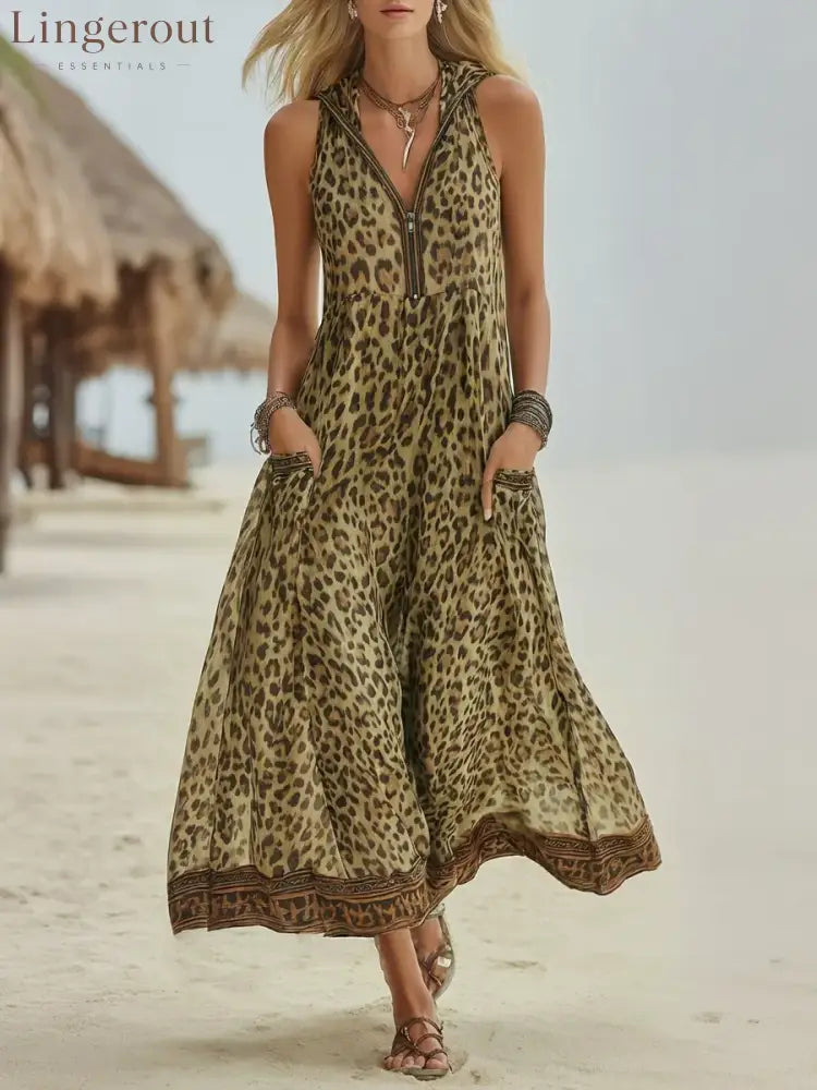 Women’s Retro Casual Green Leopard Print Art Hooded Midi Dress - Khaki / S