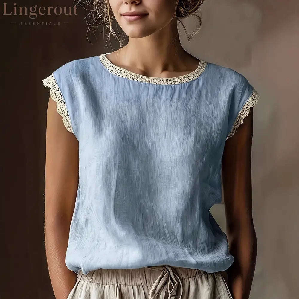 Women’S Retro Loose Solid Color Round Neck Lace Splicing Sleeveless Linen Shirt - Sky blue / S