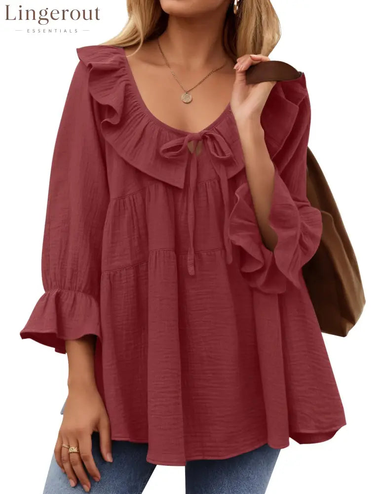 Women’s Scoop Neck 3/4 Length Sleeve Tie Front Ruffle Tiered Tunic Shirts - Wine red / S