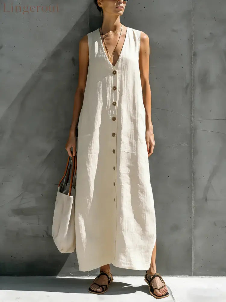 Womens Simple Cotton-Linen V-Neck Buttoned Sleeveless Loose Long Dress - Ivory White / S