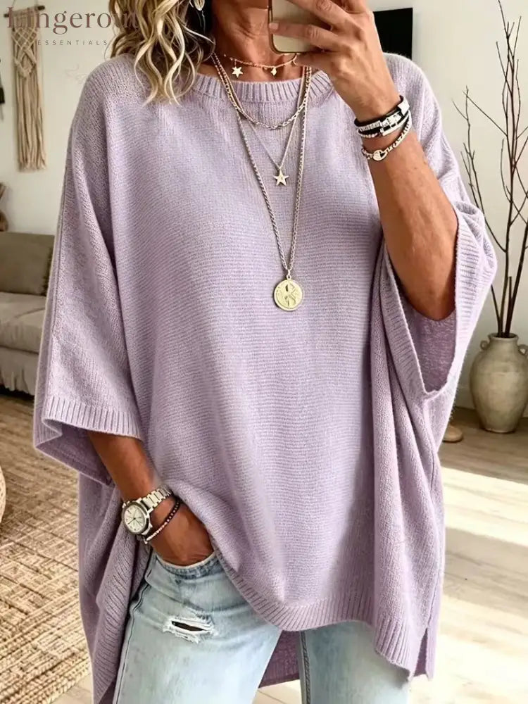 Women’s Solid Brown Round Neck Batwing 3/4 Sleeve Loose Knit Tunic Sweater - Purple / S