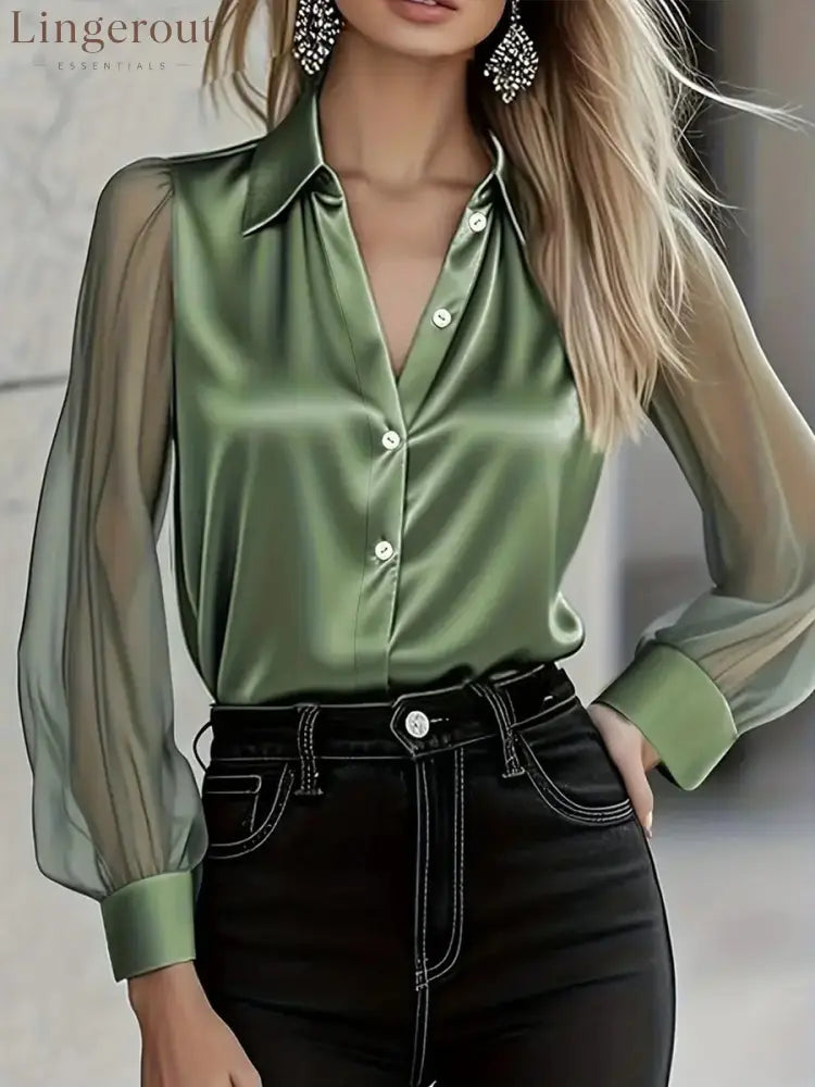 Women’s Solid Color Collared Long-sleeved Casual Loose Satin Chiffon Blouse - Green / S
