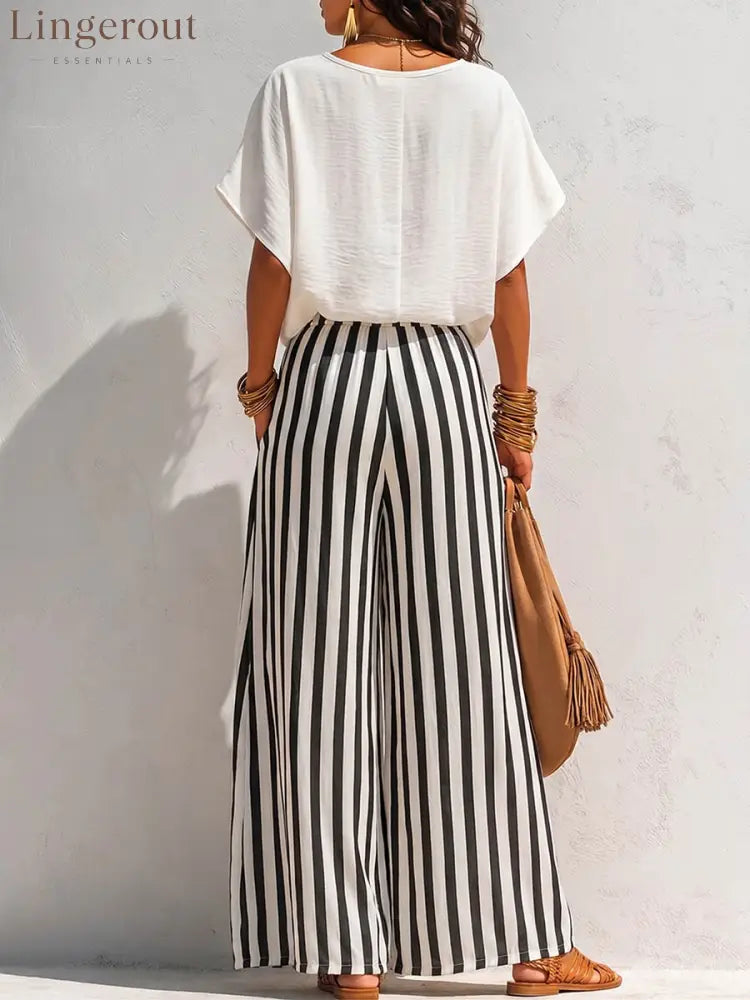 Women’s Solid-color Cowl-neck Short-sleeve Loose-fit Cotton-linen Top & Elastic-waist Striped Wide-leg Cotton-linen