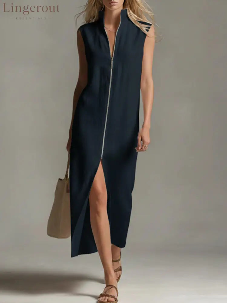 Women’s Solid Color Stand-collar Sleeveless Casual Loose Linen Dress - Black / S