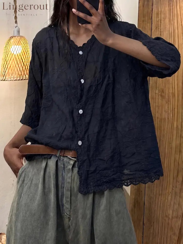 Women’s Solid Color V-neck 3/4 Sleeve Casual Loose Embroidered Cotton-linen Top - Black / S