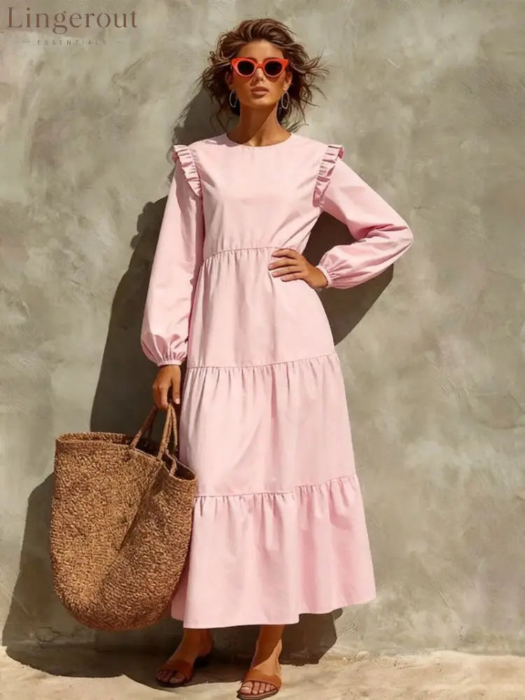 Women’s Solid Emerald Green Ruffle Shoulder Tiered Long‑Sleeve Maxi Dress - Pink / M