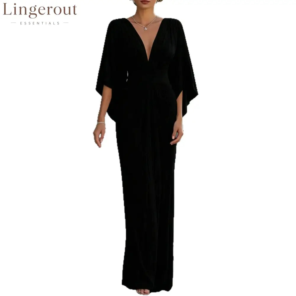 Women’s Solid White V‑Neck Cape‑Sleeve Pleated Waist Maxi Evening Dress