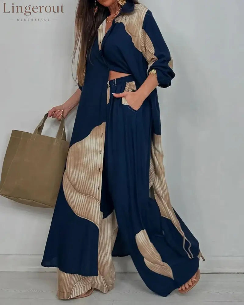 Women’s V-neck Patchwork Top and Pants Casual Set - Dark Blue / S - Matching Sets