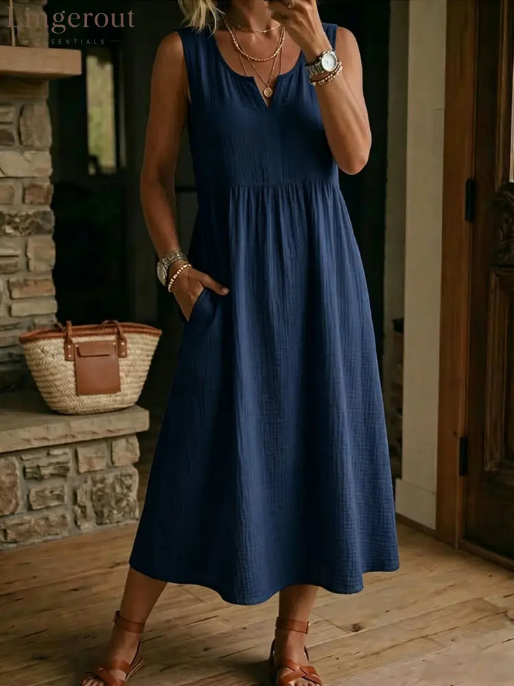 Women’s V-neck Sleeveless Cotton-linen Dress - Blue / S
