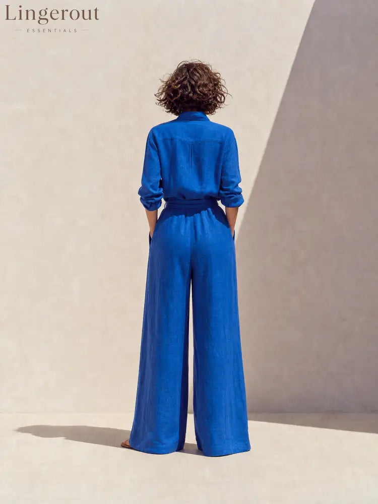 Women's Vacation Klein Blue Washed Linen Stand Collar Long-Sleeve Shirt & Wide-Leg Pants Set MDZ1740G5CMX
