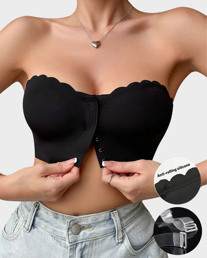 Hugmecurve® Womens Strapless Bra Non-Slip Padded Bandeau Bras Front Closure Bras for Women Wavy Trim Seamless Tube Top Bralette
