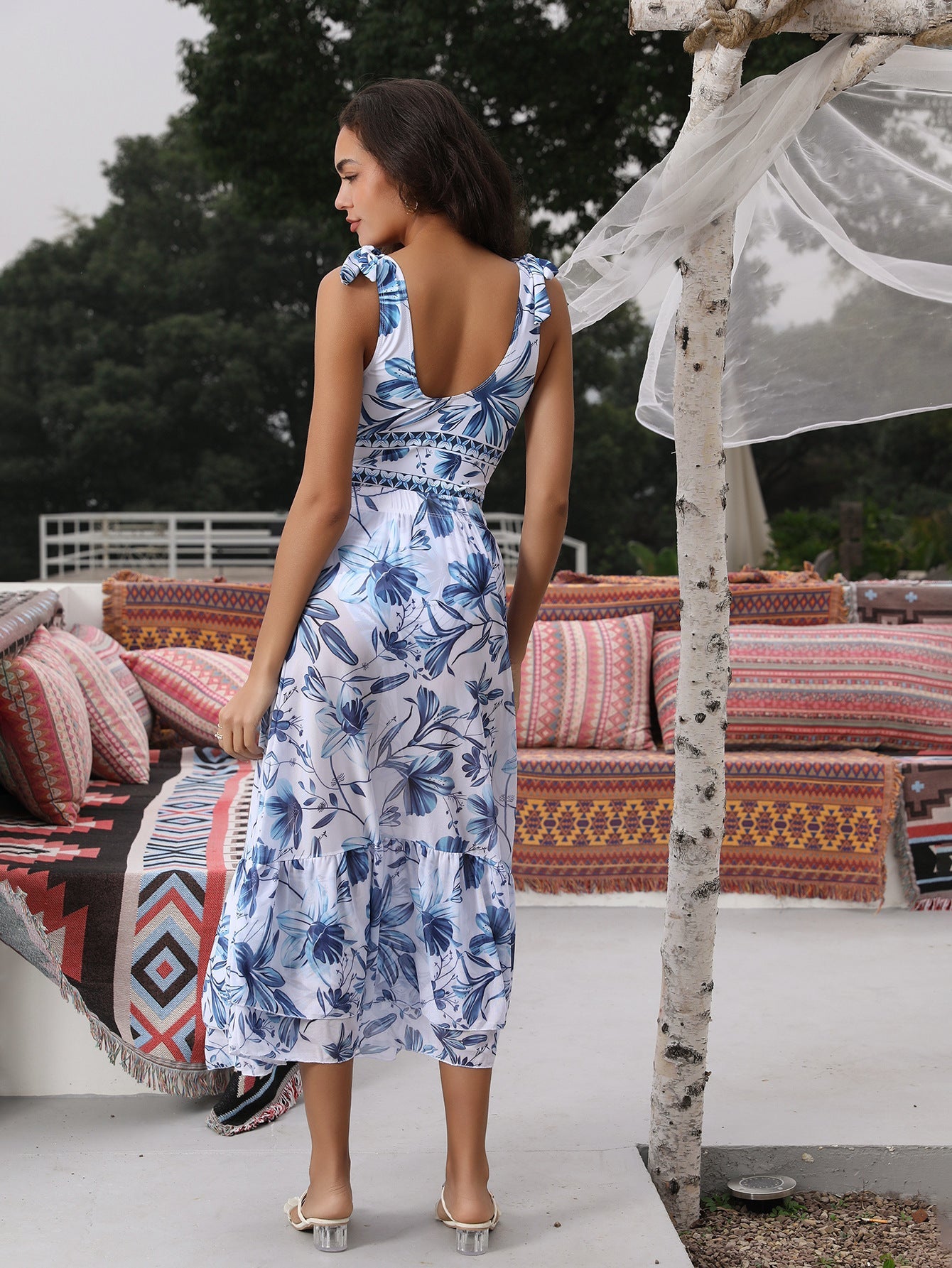 Hugmecurve® V Neck Lace Up Strip Plant Prints One Piece Swimsuit and Skirt/Sarong