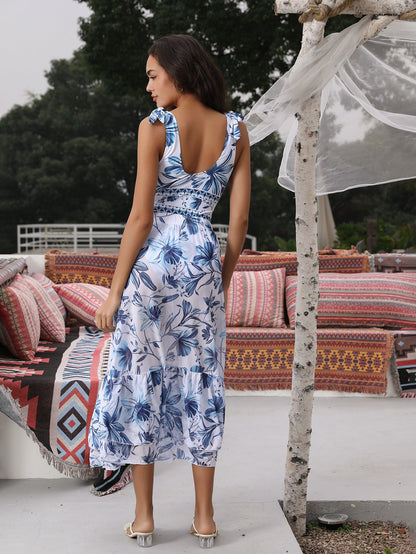 Hugmecurve® V Neck Lace Up Strip Plant Prints One Piece Swimsuit and Skirt/Sarong
